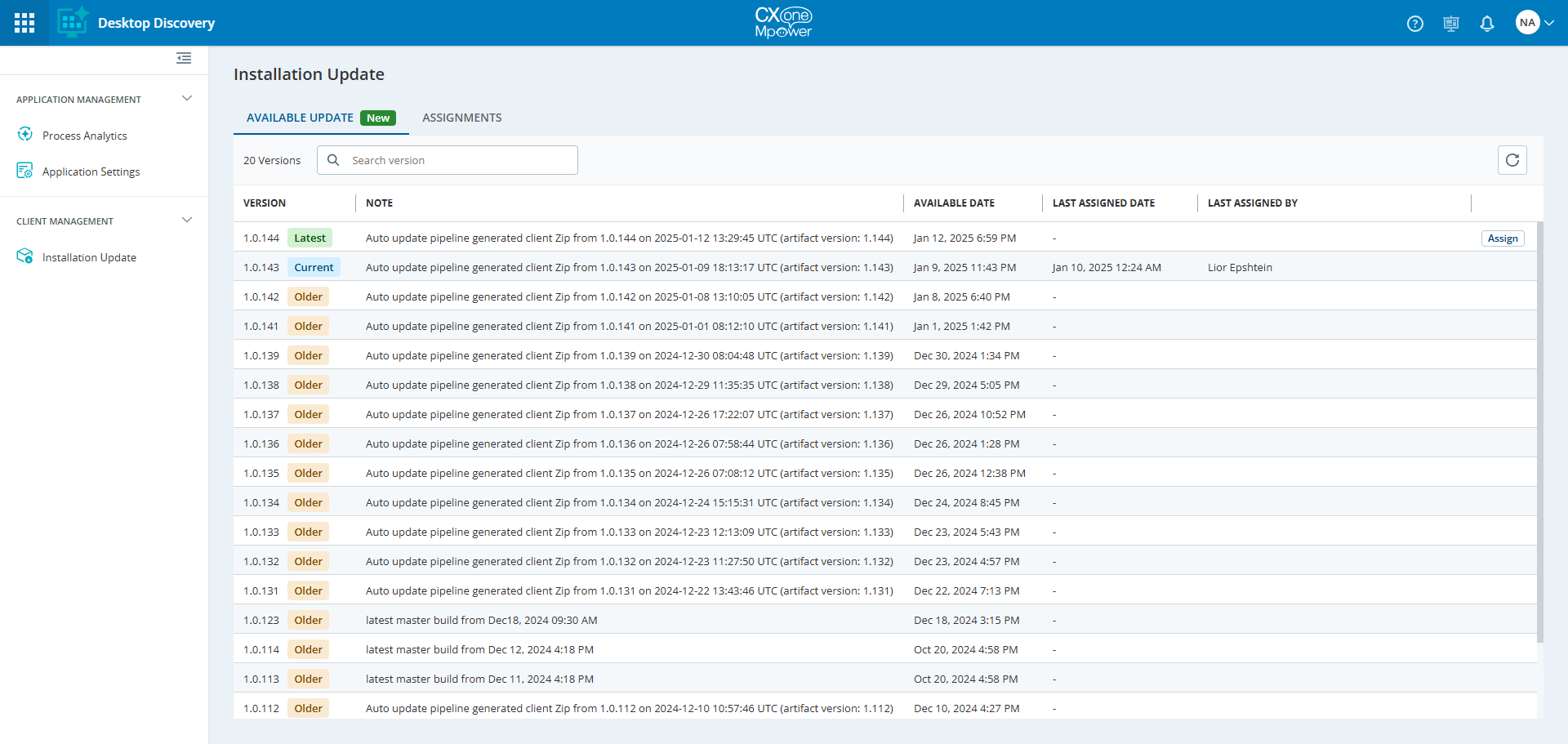 Imagen de la página de Actualización de instalación con la pestaña Actualización disponible seleccionada.